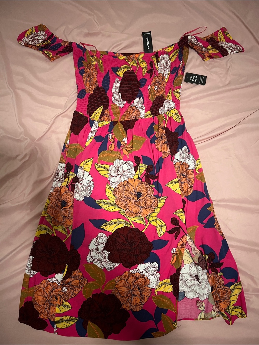 Express Bold Pink Floral Off-Shoulder Sundress